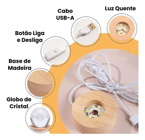 Luminária Bola De Cristal 3d Galáxia Com Base De Madeira Led Madeira Pinus Galaxia 127/220v — imagem 4