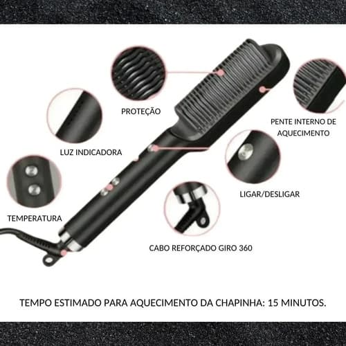 Escova Alisadora Cerâmica Turmalina Pente Alisador Multifuncional Basiqe — imagem 3
